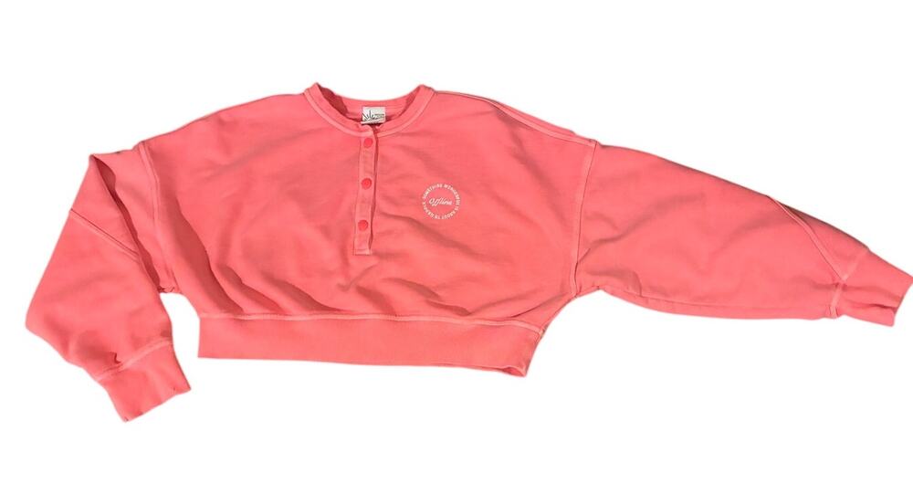OFFLINE by Aerie Cropped Henley Fleece Sweatshirt Coral Pink